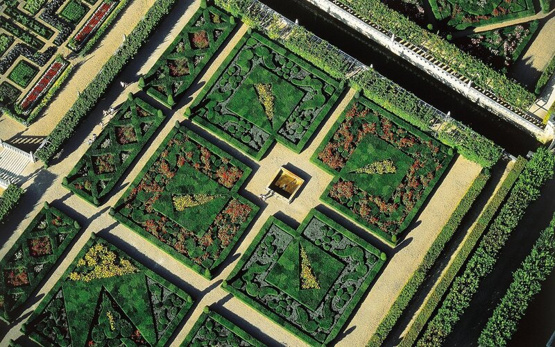 aerial view of formal gardens