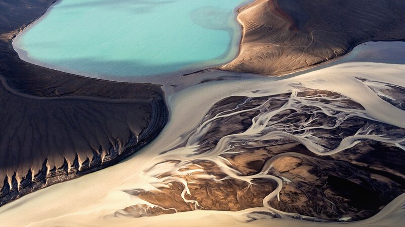 Aerial view of glacial river delta