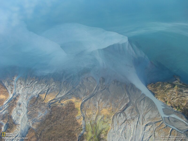 Aerial view of glacial river delta
