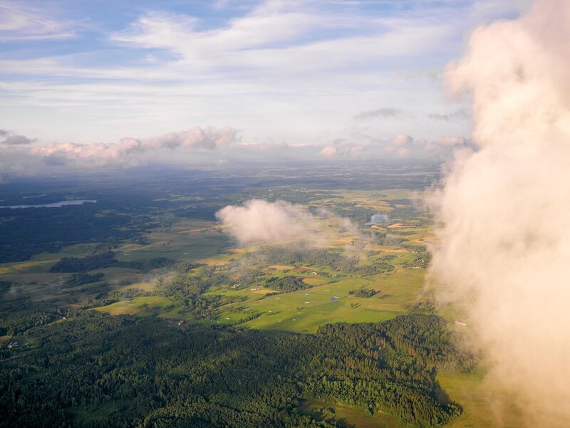 Aerial view of green fields and forests
