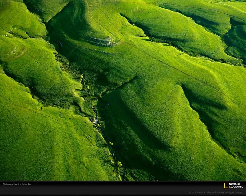 Aerial view of green hills