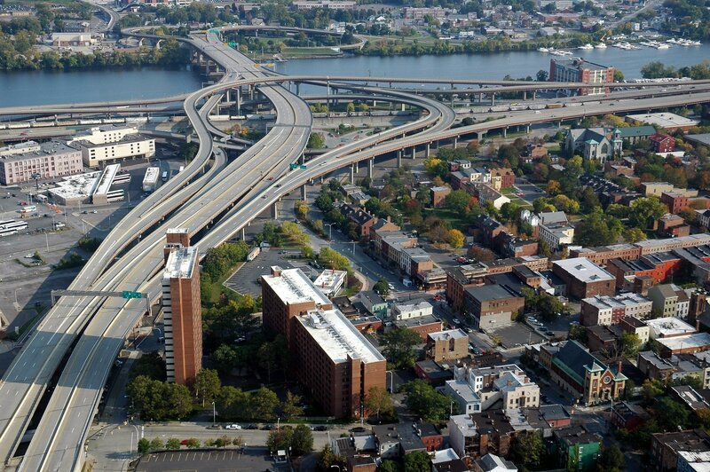Aerial view of highway interchange