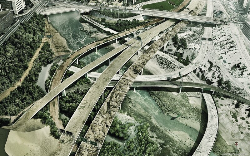 Aerial view of highway interchange