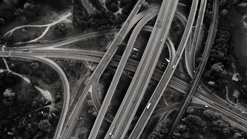 Aerial View of Highway Interchange — Black, Dramatic