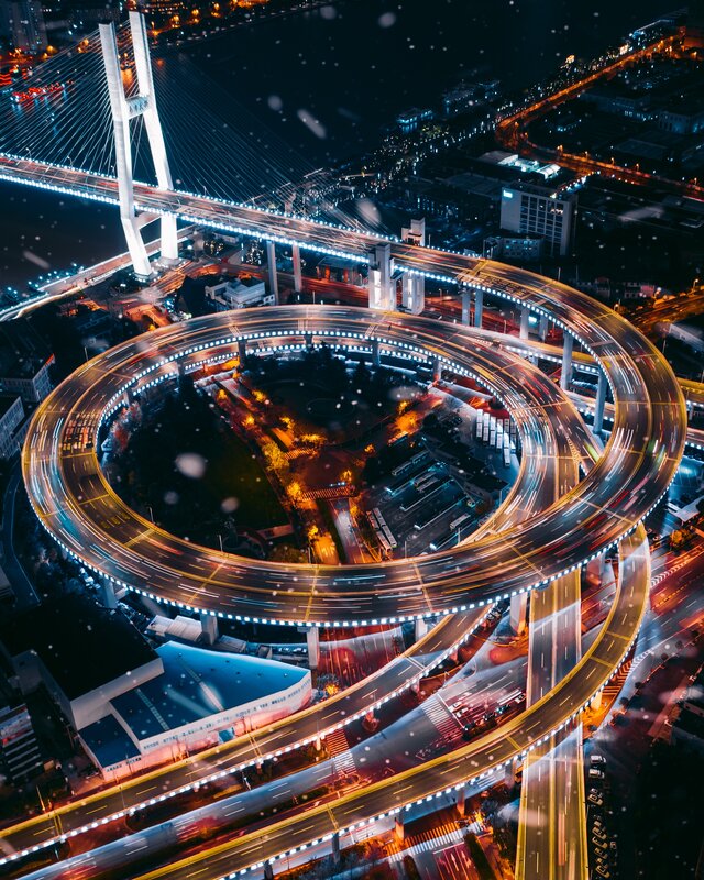 Aerial View of Highway Interchange — Blue, Dramatic