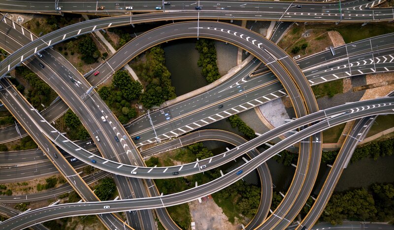 Aerial View of Highway Interchange — Gray, Complex