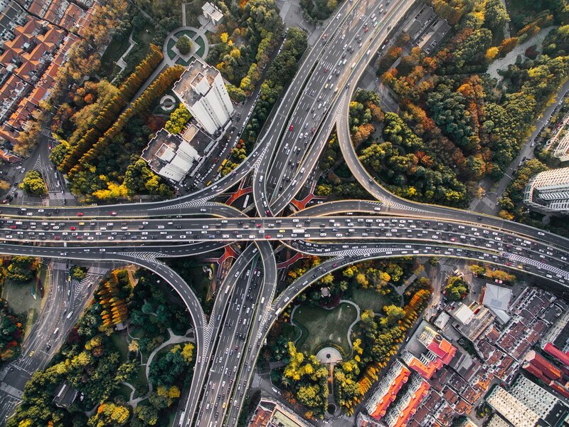 Aerial View of Highway Interchange — Green, Busy, Autumn