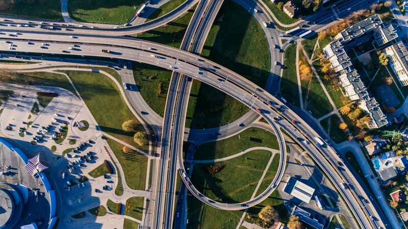 Aerial View of Highway Interchange — Green, Dramatic, Afternoon, Photograph