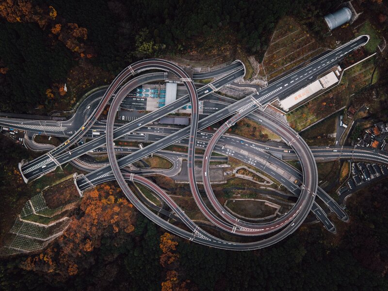 Aerial View of Highway Interchange — Green, Dramatic