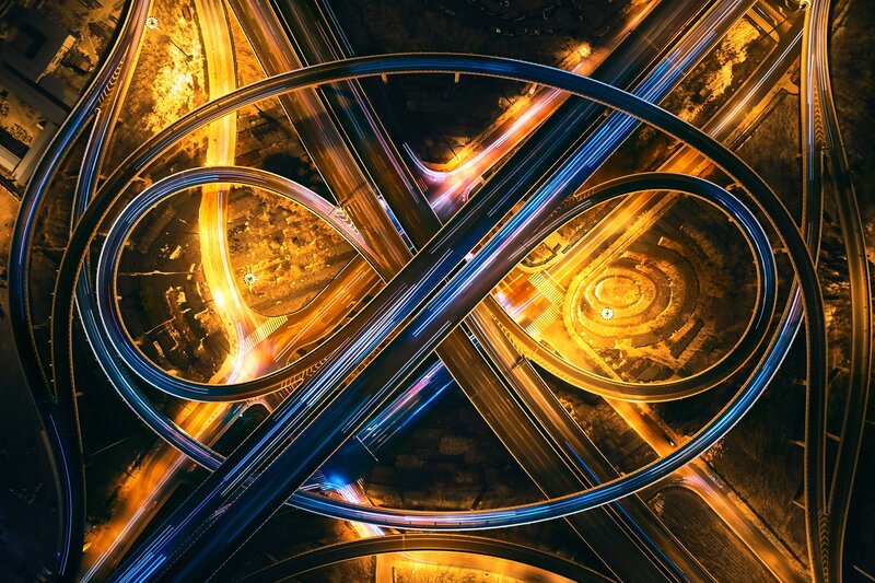 Aerial View of Highway Interchange — Yellow, Dramatic
