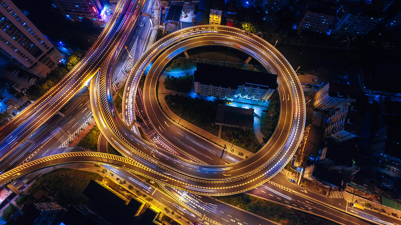 Aerial View of Highway Interchange — Yellow