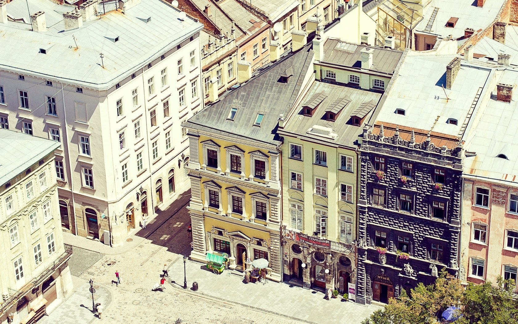 Aerial view of historic buildings