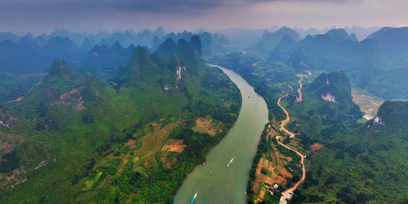 Aerial view of karst mountains