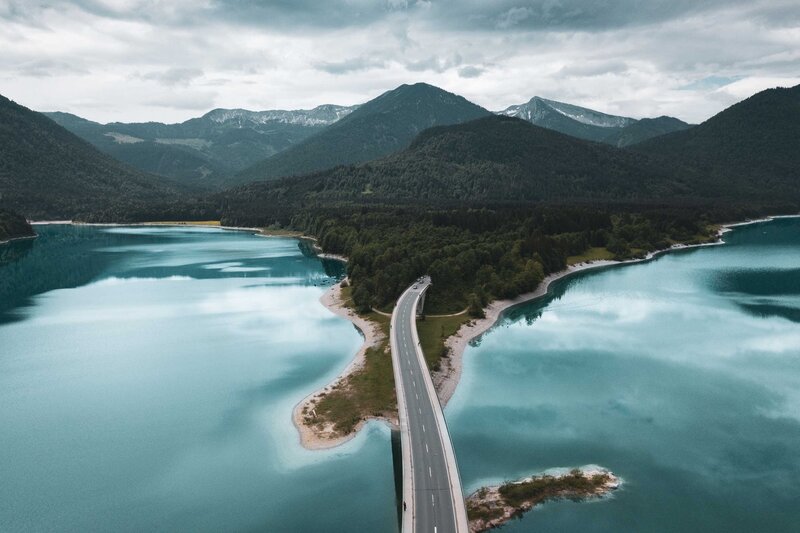 Aerial View of Lake and Bridge