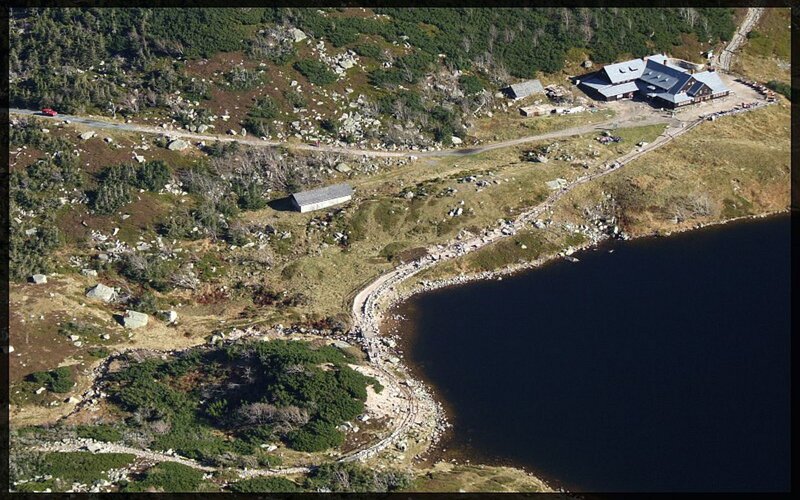 Aerial View of Lake and Cabins