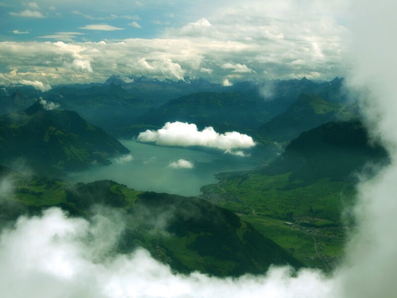 Aerial View of Lake and Mountains — Green