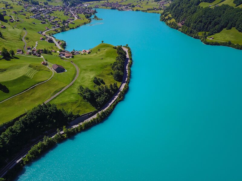 Aerial View of Lake and Village