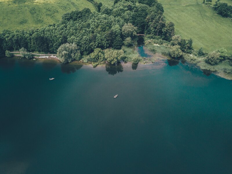 Aerial View of Lake — Green, Serene, Afternoon