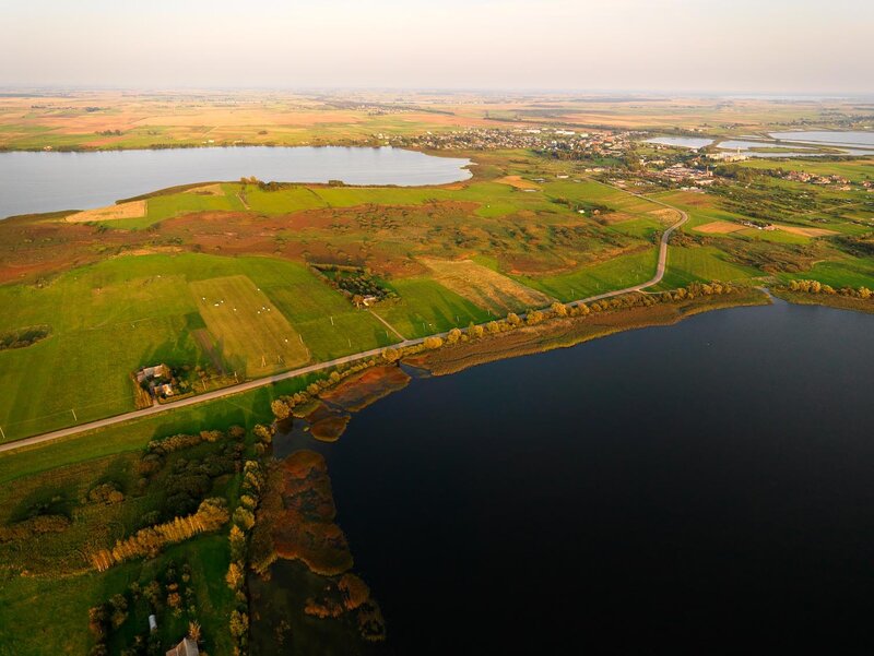 Aerial view of lakes and farmland