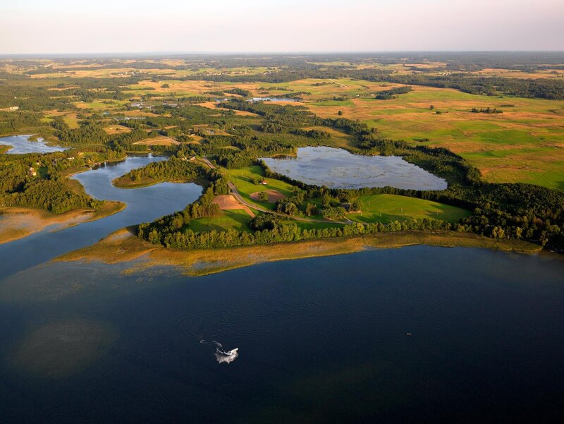 Aerial view of lakes and farmland