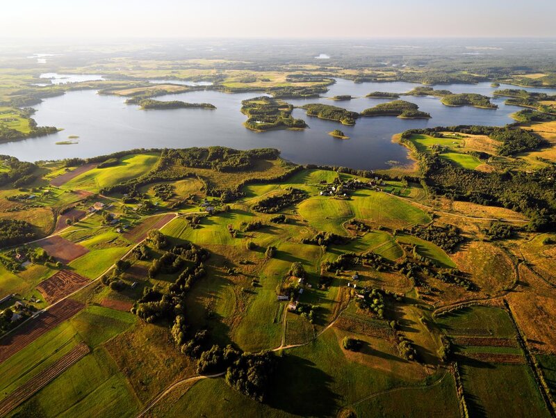 Aerial view of lakes and farmland