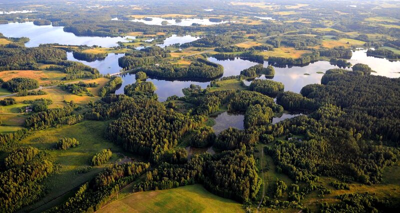 Aerial view of lakes and forests