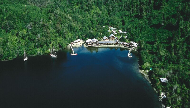 Aerial view of lakeside resort