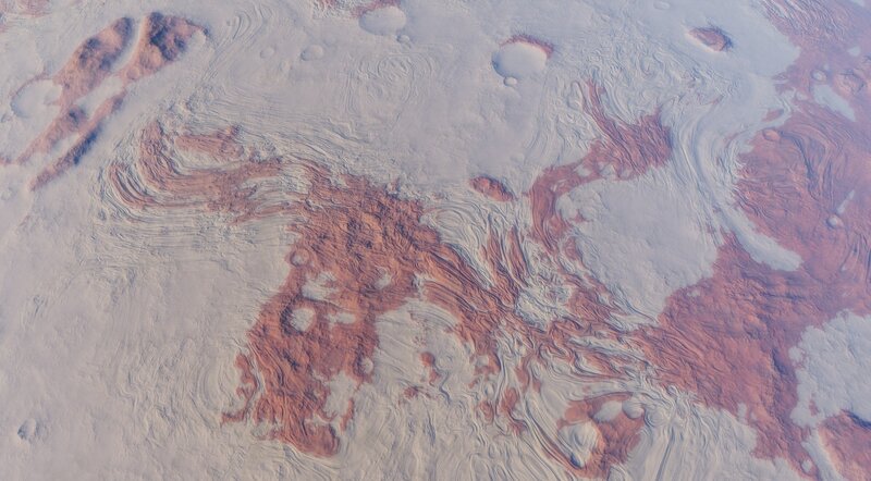 Aerial view of layered rock formations