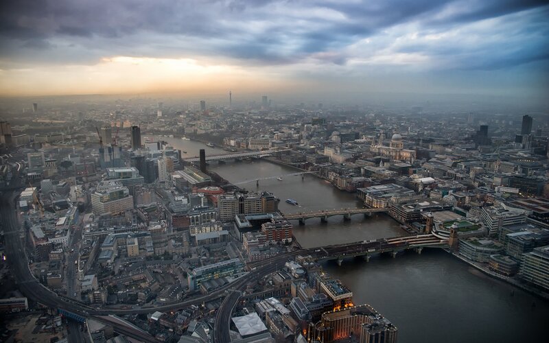 Aerial view of London at dusk