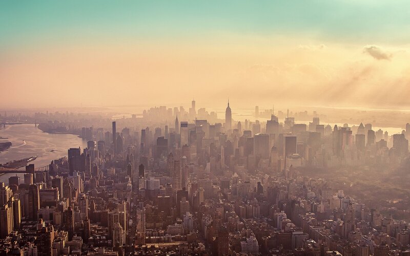 Aerial View of Manhattan — Orange, Serene, Sunrise, Photograph
