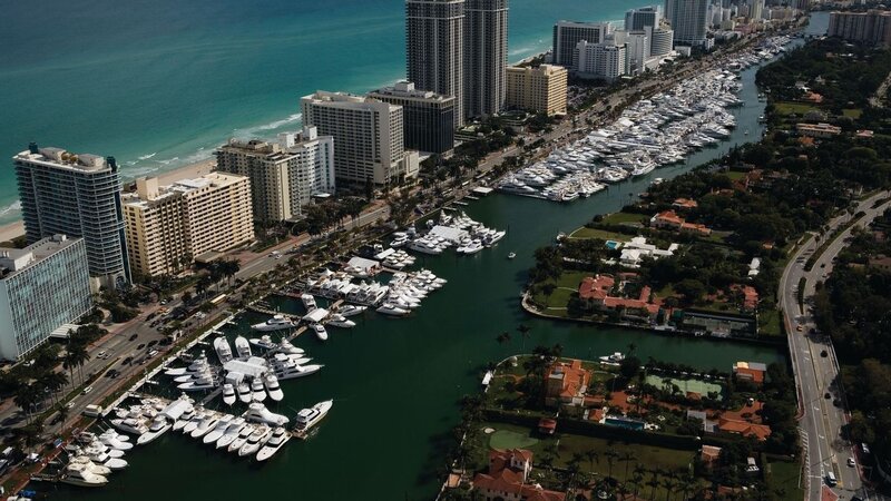 Aerial view of marina and beach