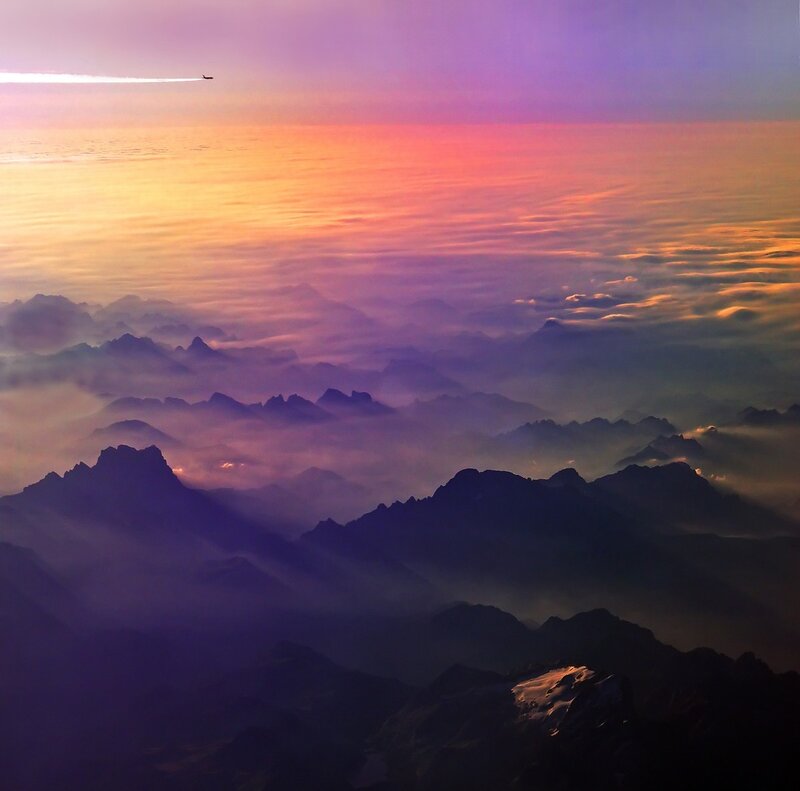 Aerial view of mountains at sunset