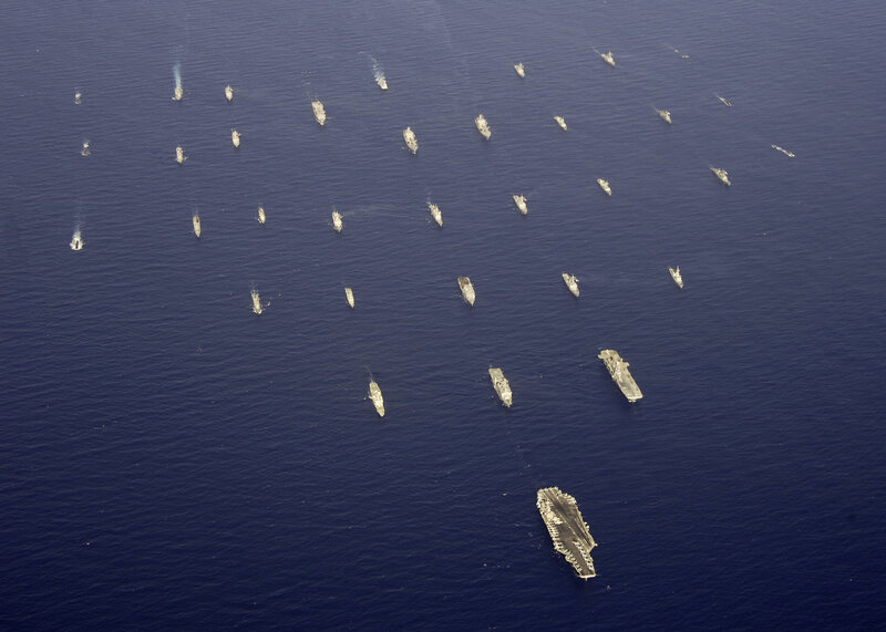 Aerial view of naval fleet