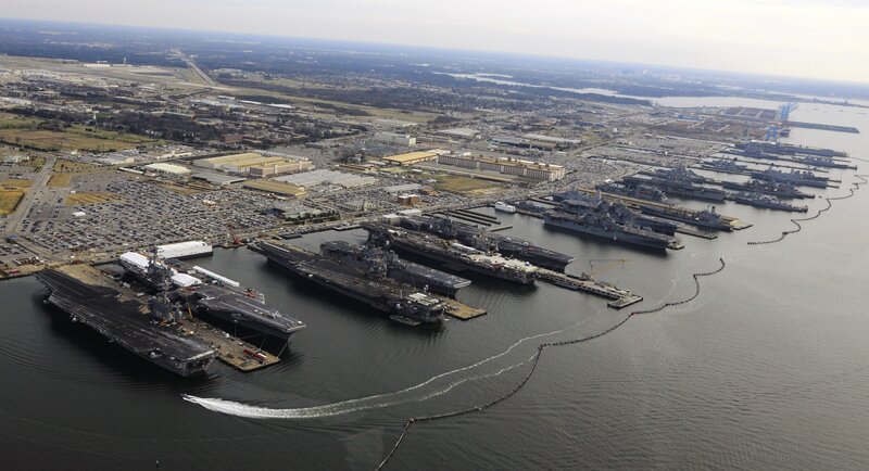 Aerial view of naval shipyard