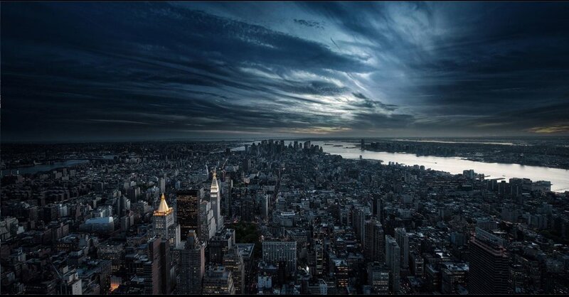 Aerial view of New York City at night