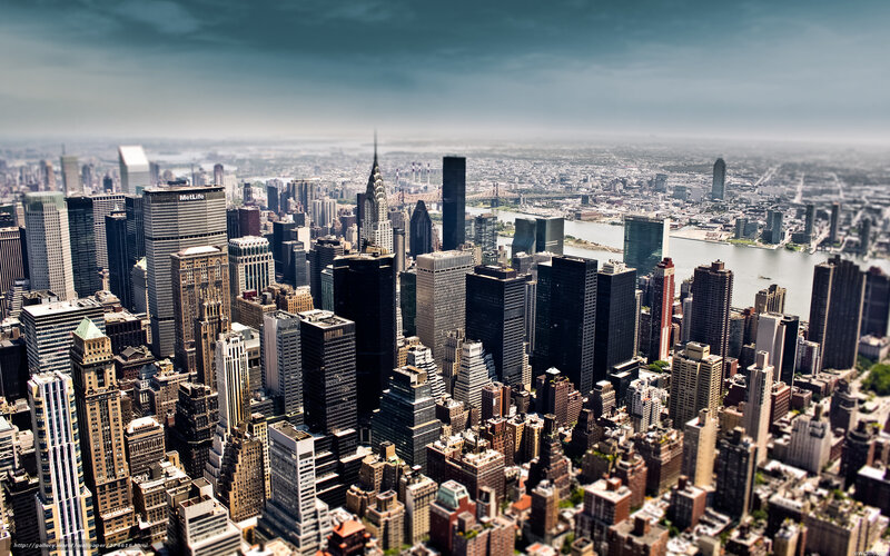 Aerial View of New York City — Gray, Dramatic, Afternoon, Photograph, Skyscrapers, River, Bridge