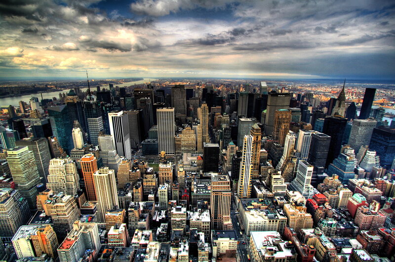Aerial View of New York City — Gray, Dramatic, Afternoon, Photograph, Skyscrapers, River, Clouds, Bridges