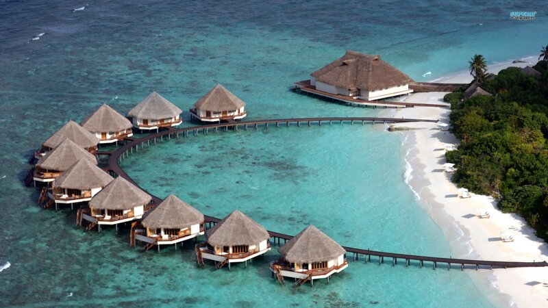 Aerial view of overwater bungalows