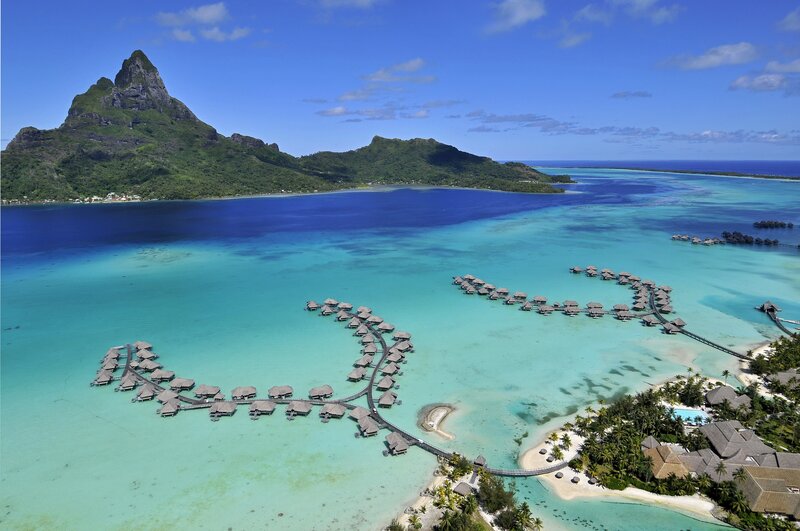 Aerial view of overwater bungalows