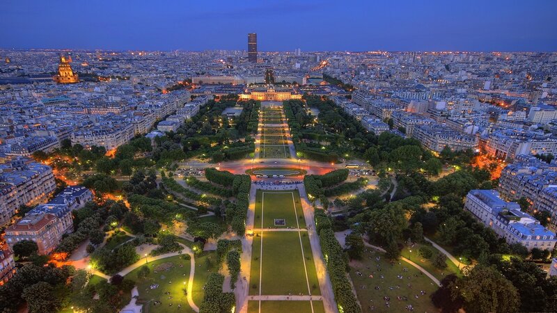 Aerial view of Paris at dusk