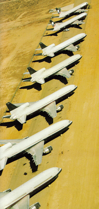 Aerial view of parked airplanes