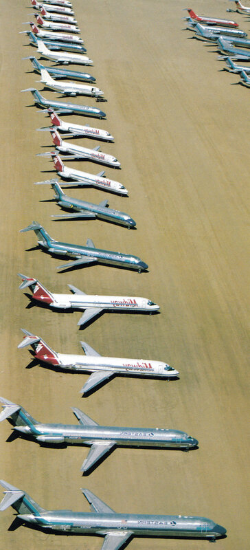 Aerial view of parked airplanes
