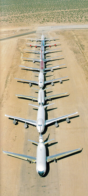 Aerial view of parked airplanes