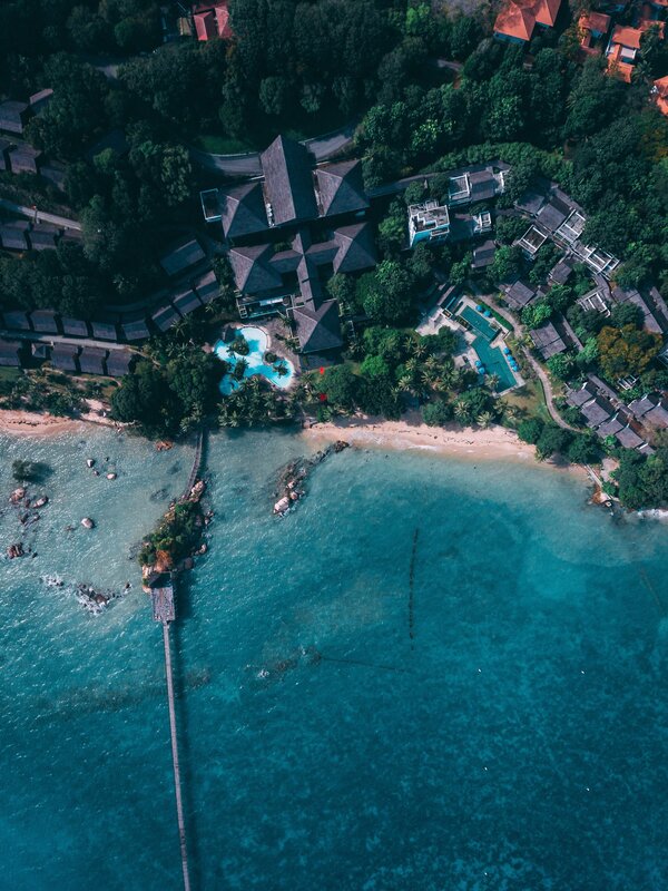 Aerial View of Resort — Blue, Serene, Afternoon, Photograph, Beach, Pool