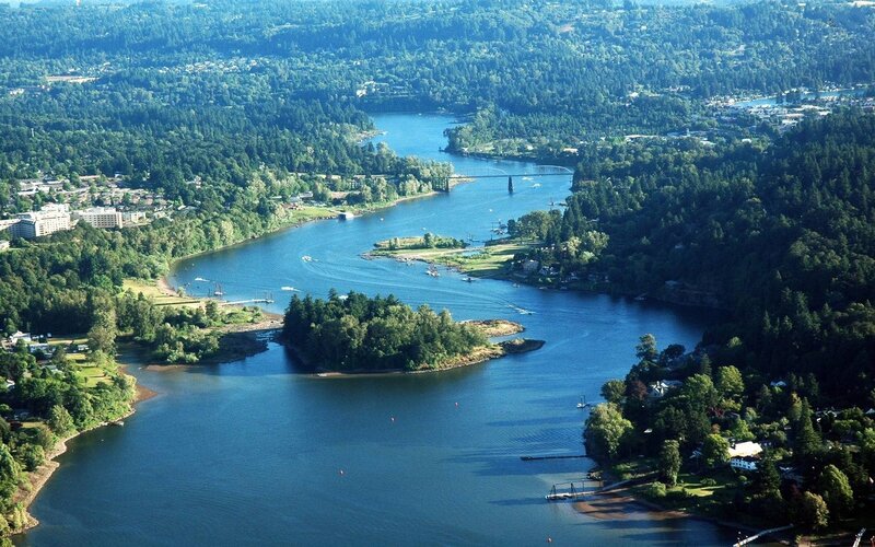 Aerial View of River and Bridge — Blue