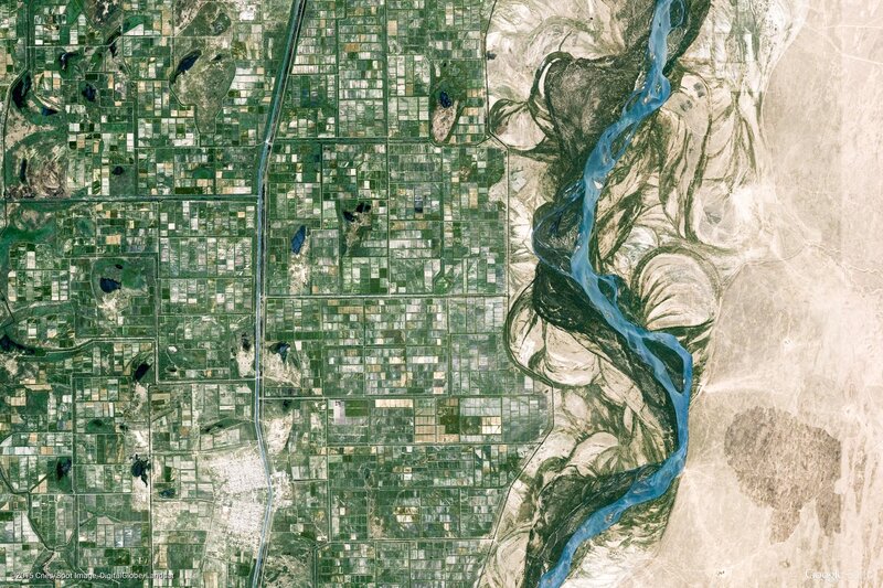 Aerial View of River and Fields — Green, Dramatic