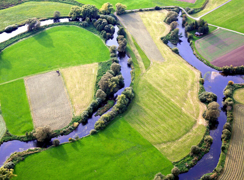 Aerial View of River and Fields — Green