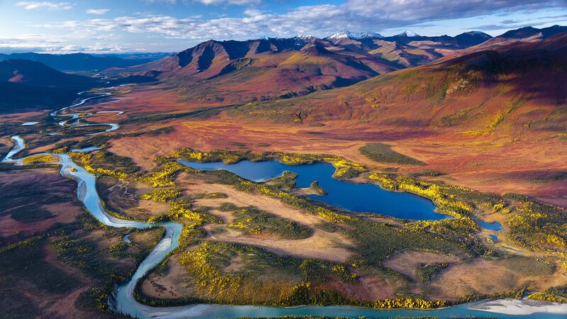 Aerial view of river and mountains