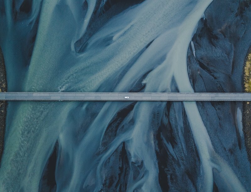 Aerial View of River Delta — Blue, Serene, Photograph, Bridge