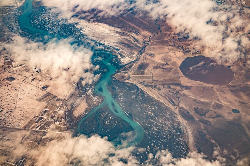 Aerial View of River Delta — Blue, Serene, Photograph, Clouds